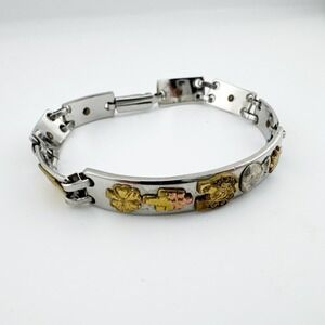Vintage Two Tone‎ Link Bracelet Faith and Good Luck Charms Silver Gold Tone